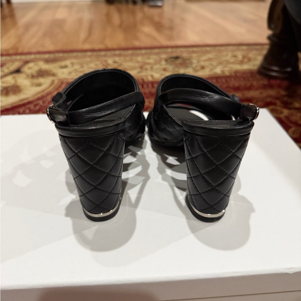 CHANEL Black Quilted Block Heel Sandals with Ankle Strap